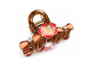 Brown Floral Acrylic Hair Claw Clip with Rhinestone & Flower Details
