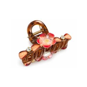 Brown Floral Acrylic Hair Claw Clip with Rhinestone & Flower Details