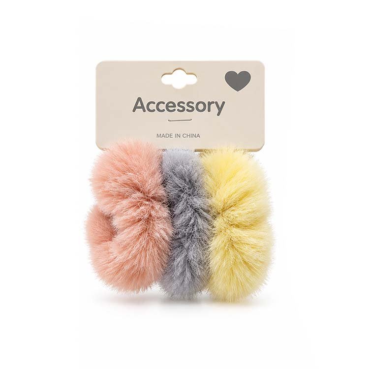 Fluffy Fuzzy Hair Scrunchies Set – Pink, Gray & Yellow 3 Pieces