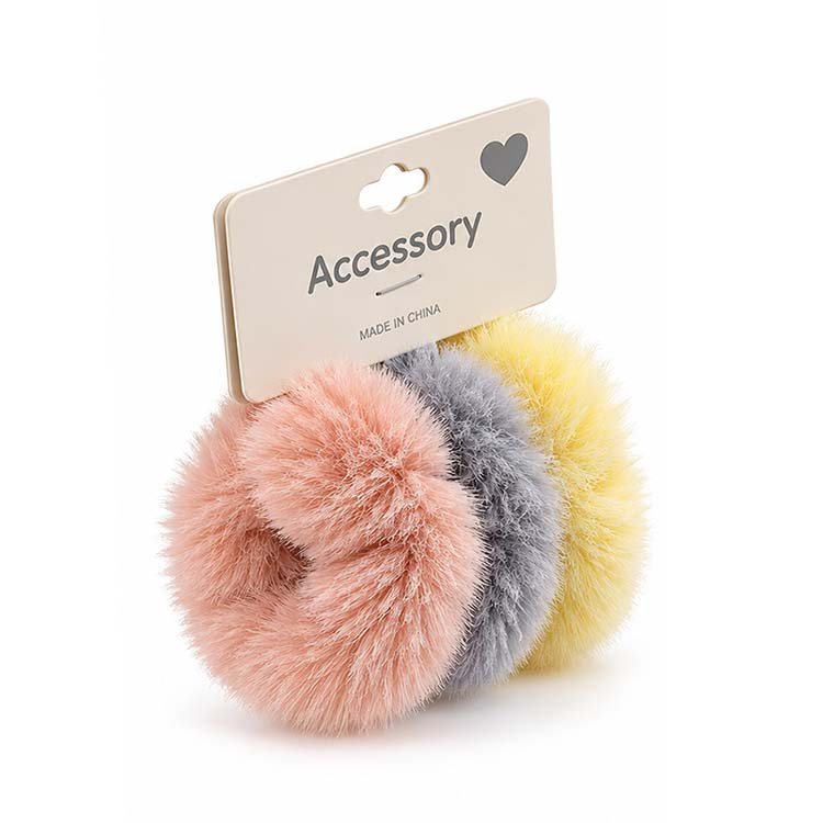 Fluffy Fuzzy Hair Scrunchies Set – Pink, Gray & Yellow 3 Pieces - Image 2