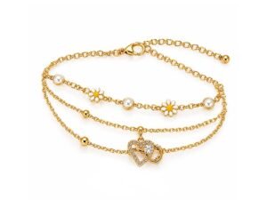 Gold-Tone 3-Layer Daisy Pearl & Heart Charm Bracelet