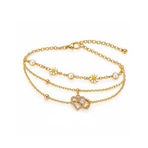 Gold-Tone 3-Layer Daisy Pearl & Heart Charm Bracelet