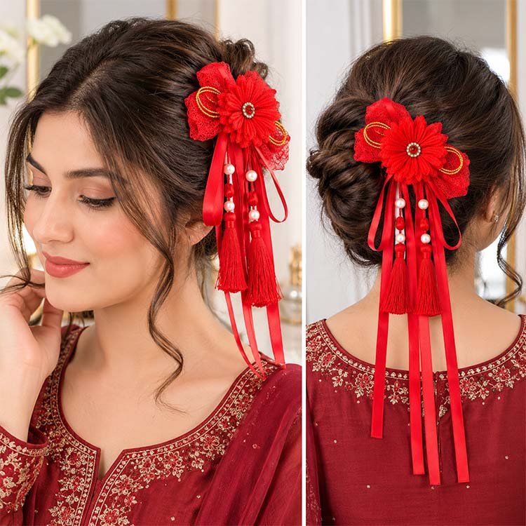 Red Flower Pearl Tassel Hair Clip for Ladies - Image 3