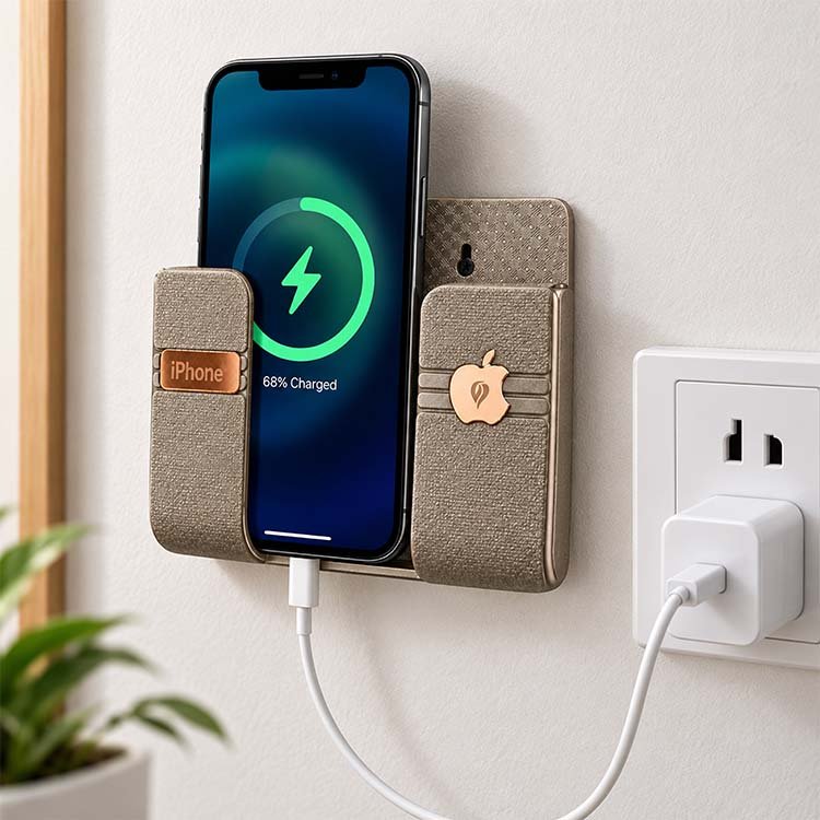 Wall Mounted Mobile Phone Holder & Organizer – Brown Fabric Design - Image 2
