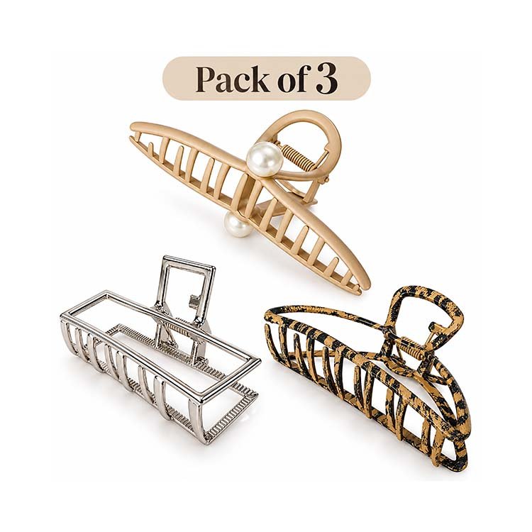 3-Piece Metal Hair Claw Clip Set – Gold Pearl, Silver Black Beige