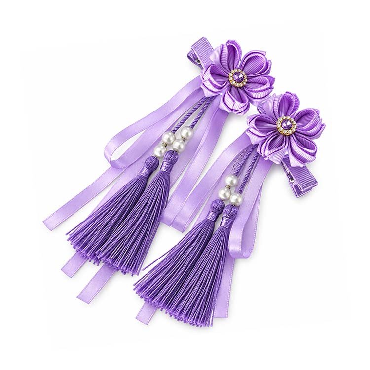 Purple Flower Pearl Tassel Hair Clips Set for Women & Girls