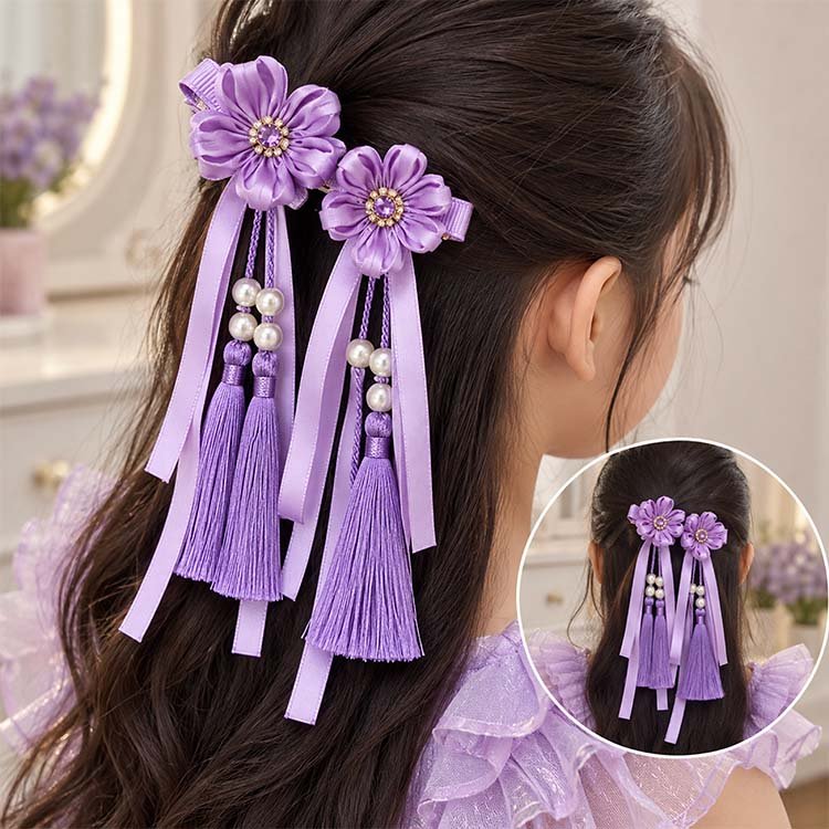 Purple Flower Pearl Tassel Hair Clips Set for Women & Girls - Image 3