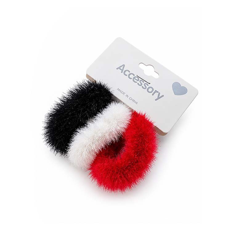 Fluffy Fuzzy Hair Scrunchies Set – Black, White & Red - Image 2