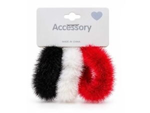 Fluffy Fuzzy Hair Scrunchies Set – Black, White & Red