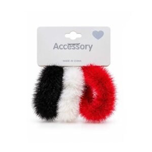 Fluffy Fuzzy Hair Scrunchies Set – Black, White & Red
