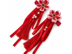 Red Flower Pearl Tassel Hair Clips Set for Women & Girls