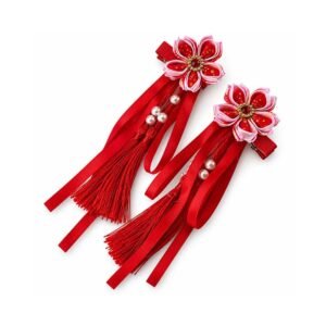 Red Flower Pearl Tassel Hair Clips Set for Women & Girls