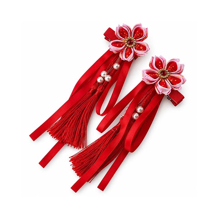 Red Flower Pearl Tassel Hair Clips Set for Women & Girls