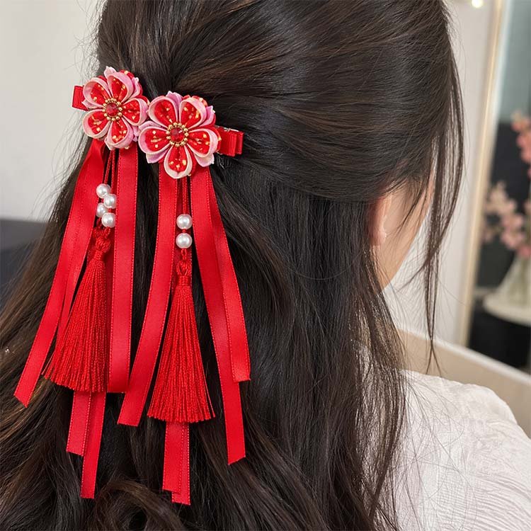 Red Flower Pearl Tassel Hair Clips Set for Women & Girls - Image 3