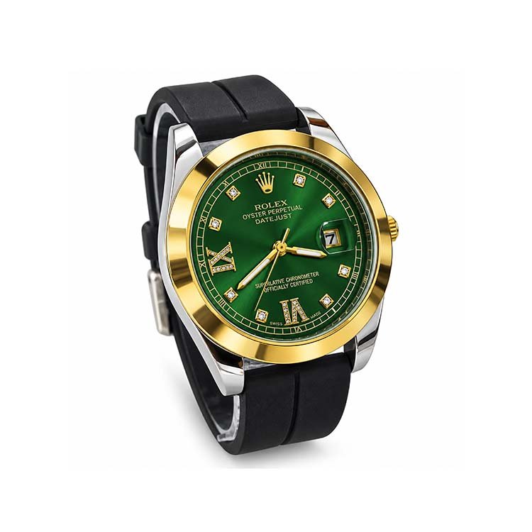 Rolex Sttyle Green Dial Watch – Black Strap & Gold-Tone Bezel