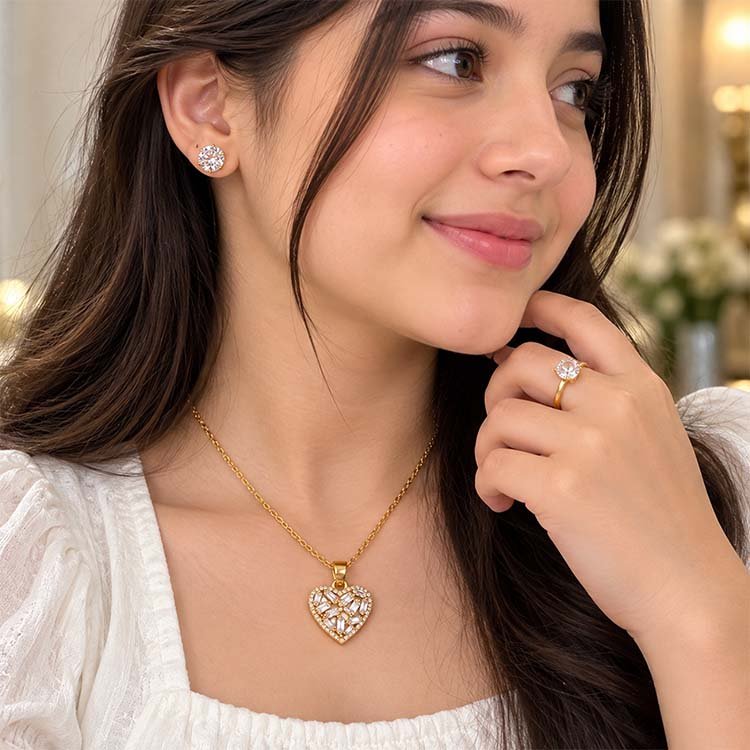 Gold-Tone Heart Necklace Earrings & Ring Jewelry Set - Image 2