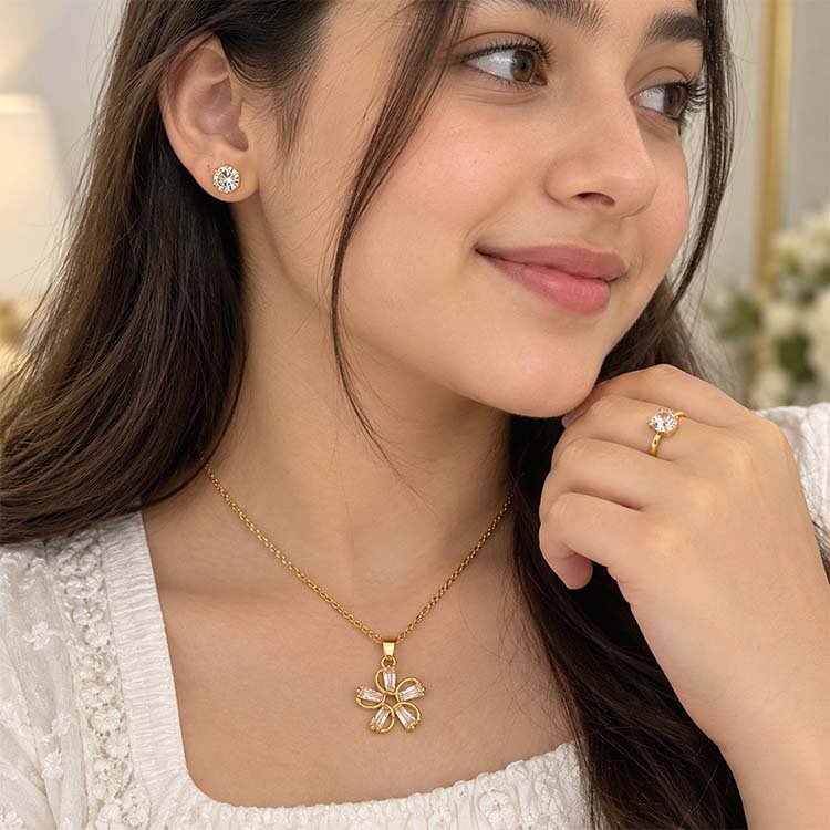 Gold-Tone Floral Necklace Earrings & Ring Jewelry Set - Image 2