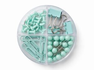 Green Stationery Set of Push Pins, Clips & Paper Clips