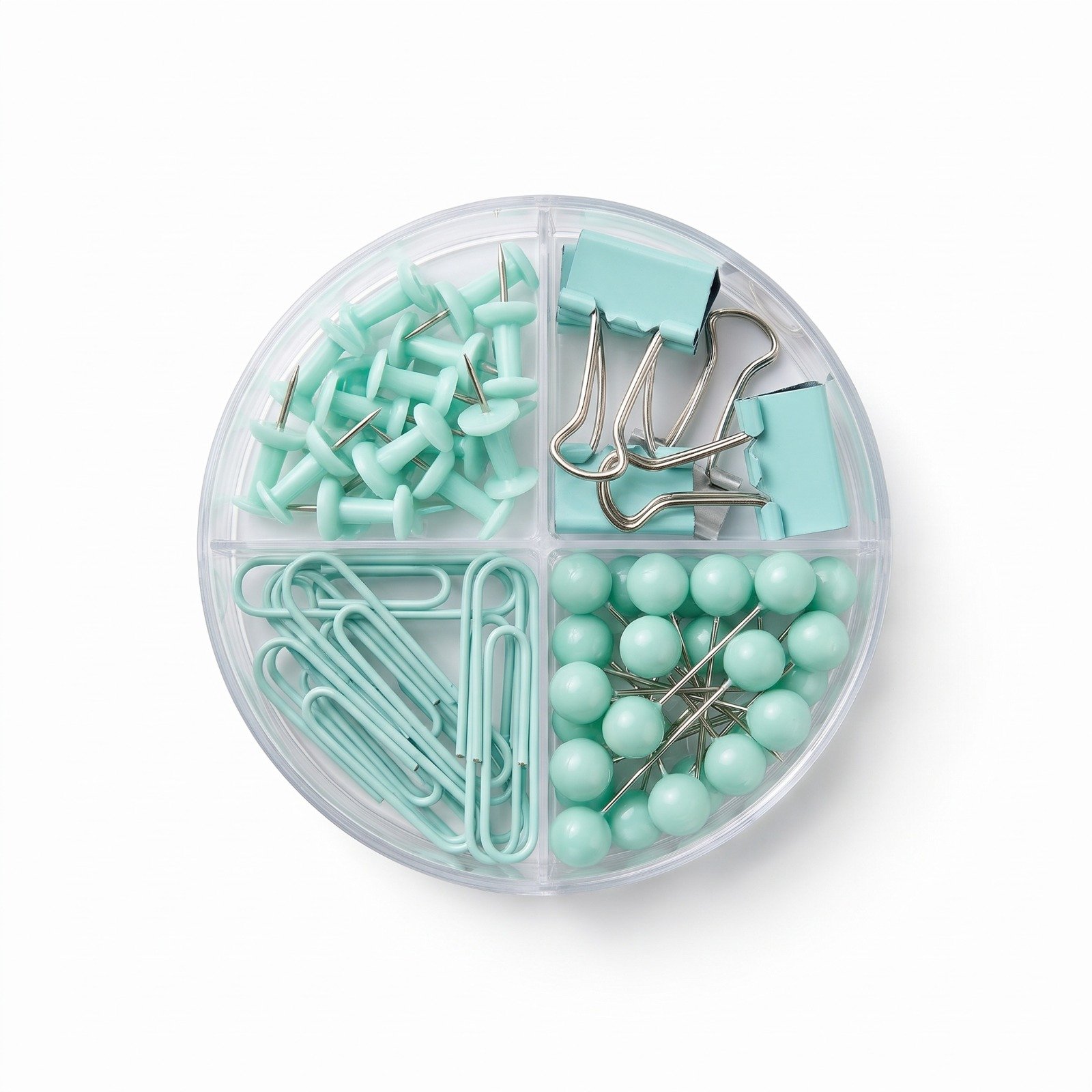 Green Stationery Set of Push Pins, Clips & Paper Clips