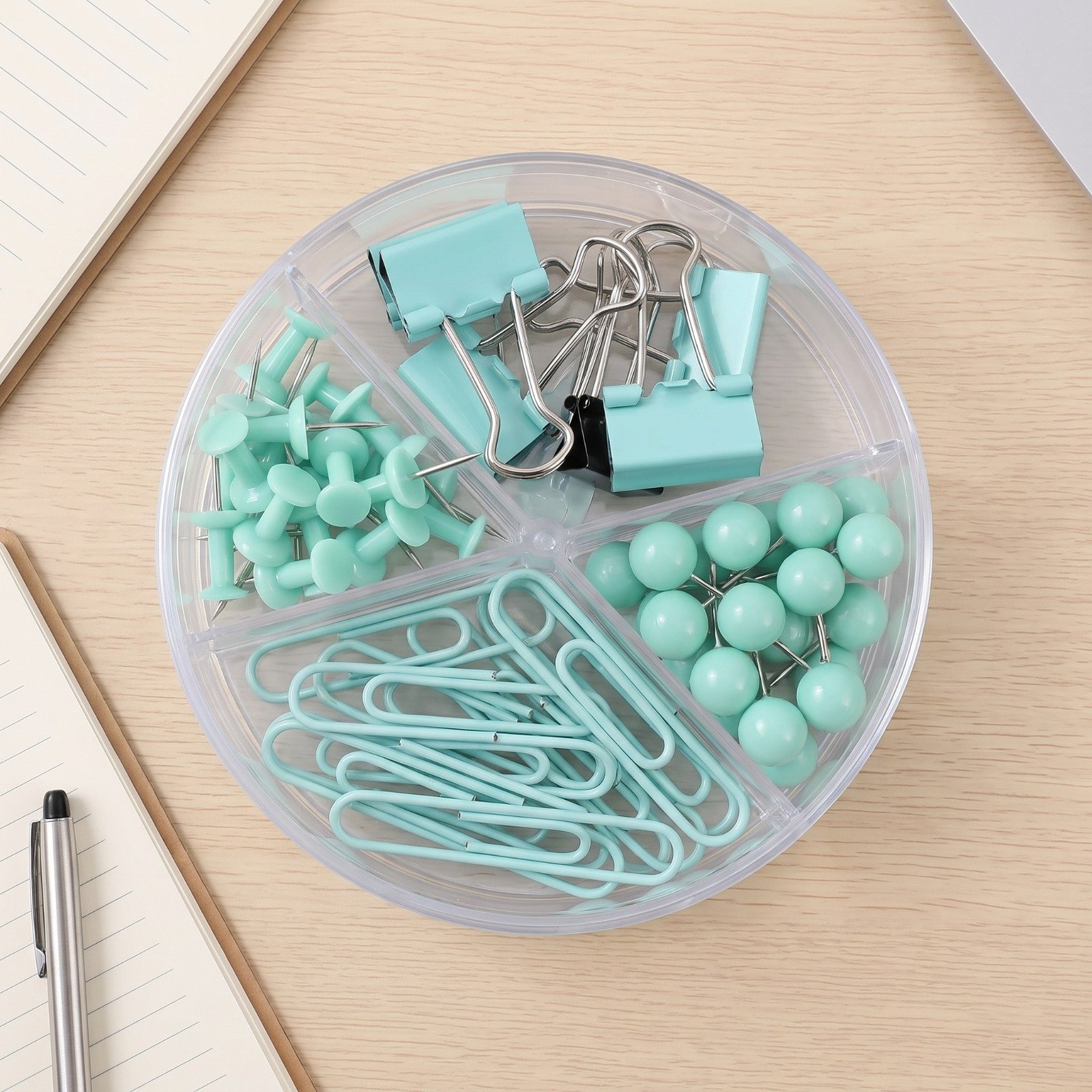 Green Stationery Set of Push Pins, Clips & Paper Clips - Image 3