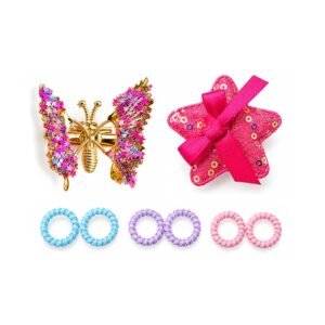 Girls Hair Accessories Set with Glitter Butterfly Clip Star Bow Clip and 6 Mini Hair Ties