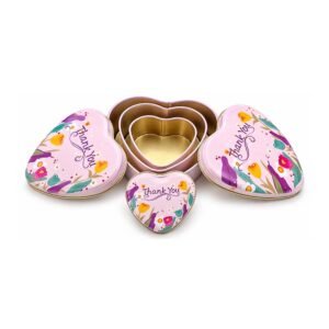 Set of 3 Heart Shaped Pink Gift Tins with Floral Thank You Design