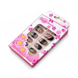 Queen Beauty 12 Piece Pre-Glued False Nails with Nude Pink and Black Zebra Design