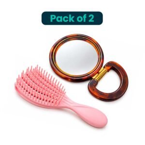 Pack of 2 Beauty Pink Hair Brush and Brown Folding Hand Mirror