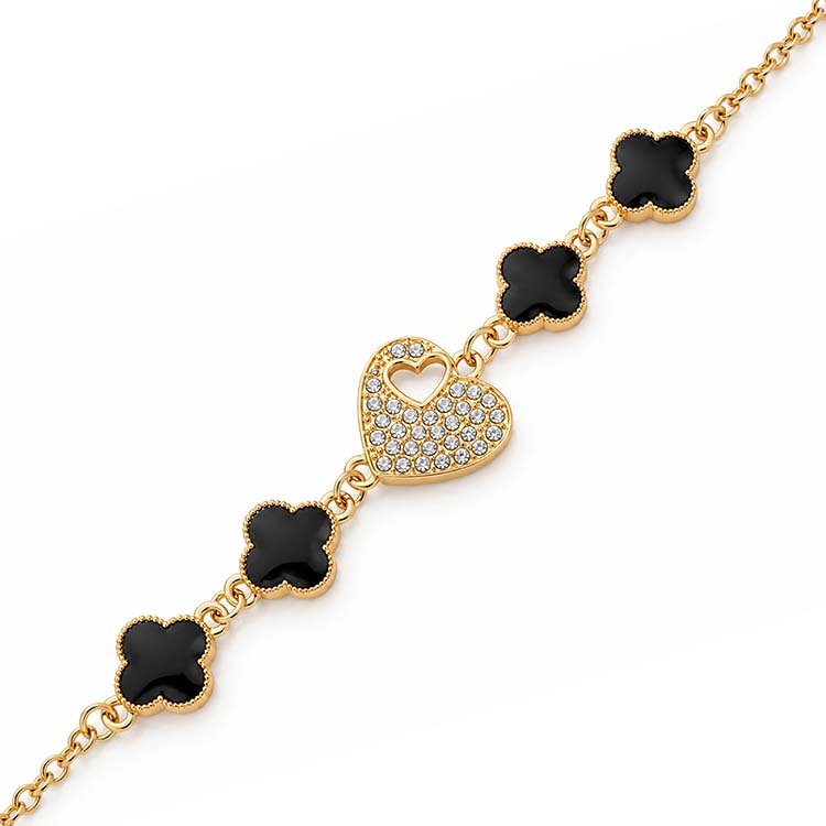 Gold-Tone Black Clover Heart Rhinestone Bracelet