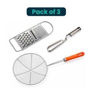 Pack of 3 Stainless Steel Kitchen Tools with Grater Peeler and Wire Skimmer