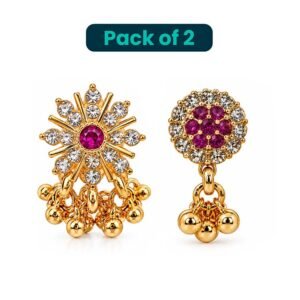 Gold Tone Crystal Drop Earrings with Pink Stones and Dangling Gold Beads