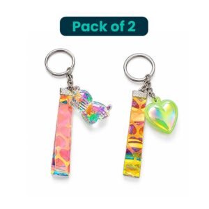 Pack of 2 Holographic Bag Charm Keychains with Teddy Bear and Heart Designs