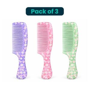 Pack of 3 Floral Wide Tooth Hair Combs in Purple Pink and Green