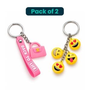 Pack of 2 Cute Keychains with Pink Handbag and Emoji Charms