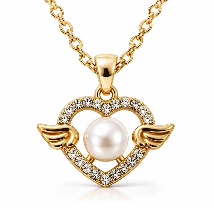 Gold Tone Heart Pearl Necklace & Earrings Set - Image 2