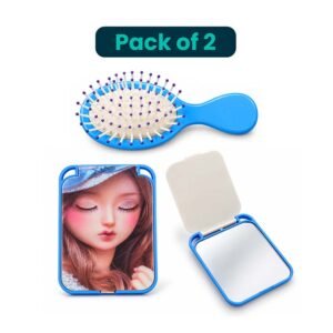 Blue Hair Brush and Folding Makeup Mirror - Pack of 2